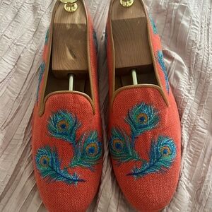 Stubbs & Wootton Palm Beach orange and peacock  slipper/loafer shoes size 11